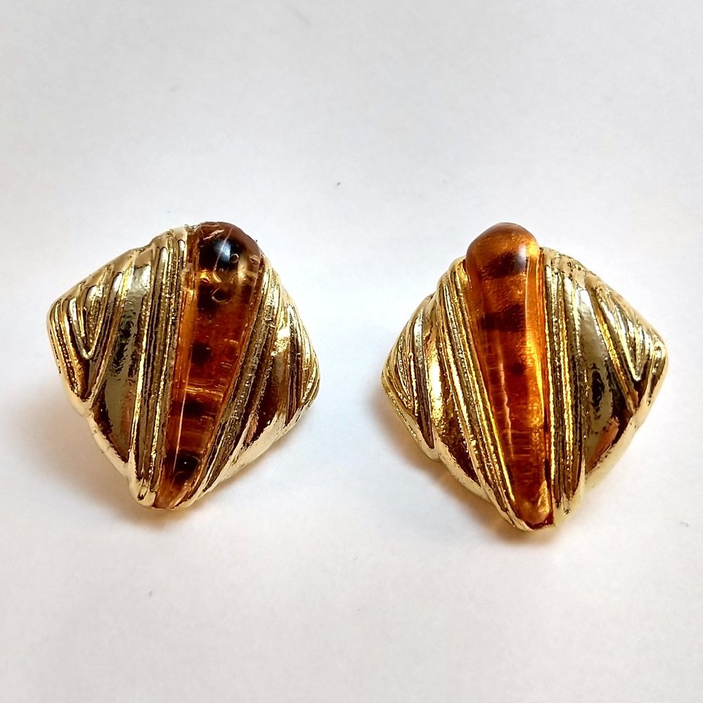 Vintage 80s Art Deco Tigers Eye Earrings Chunky Gold Metal Funky 1920s Style